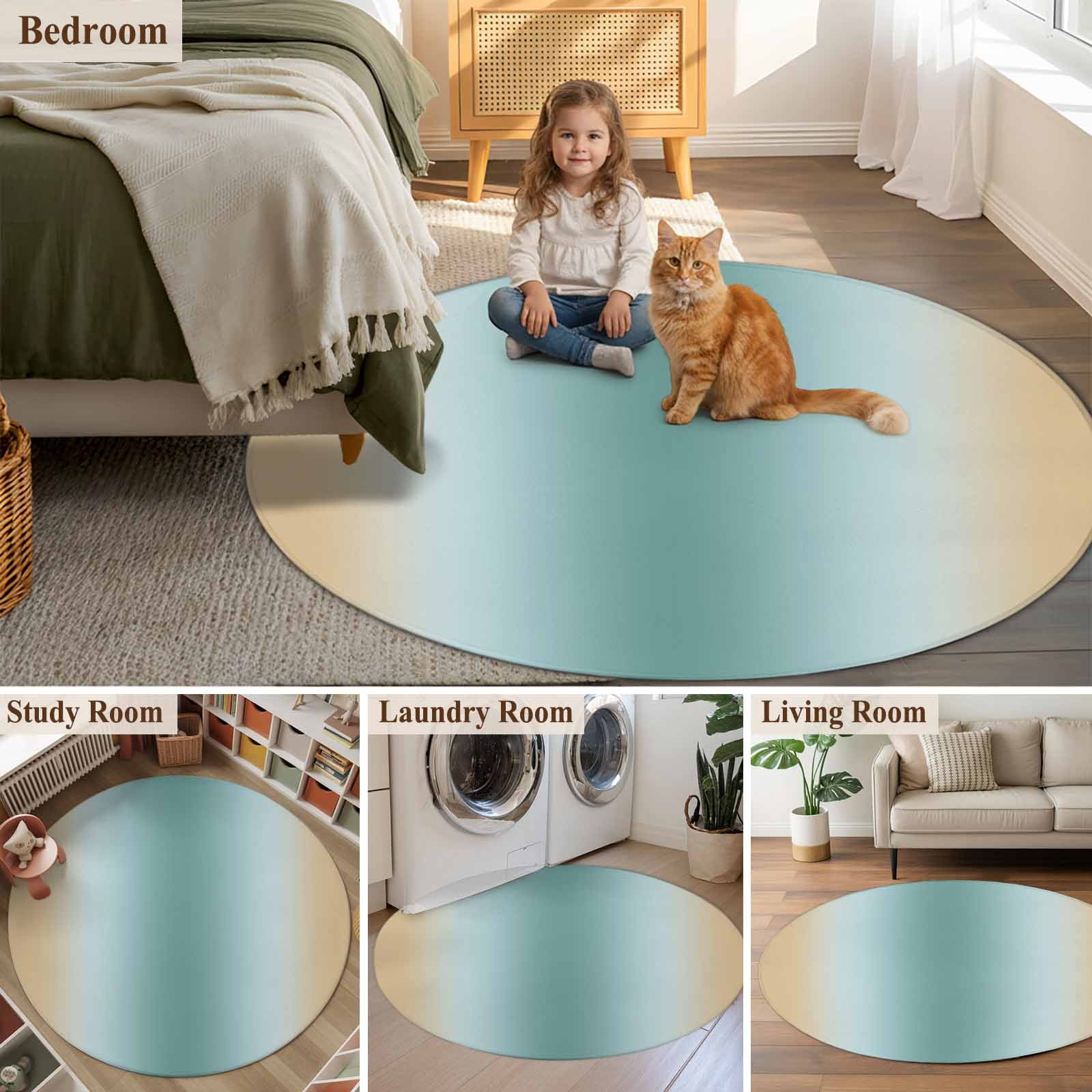 Teal Yellow Ombre Round Area Rug 5Ft Washable Circle Rugs for Living Room Bedroom, Farmhouse Modern Gradient Art Non-Slip Carpet Floor Mats Indoor Outdoor Carpet Runner Aesthetic Home Decor