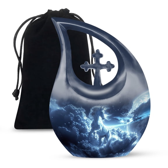 MUKTIVE Blue Horse urns for Human Ashes Adult Women and Men, Funeral Large urns for Human Ashes, (Cross Drop Large, 10 Inch)