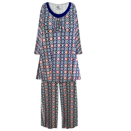

Plus Size Women’s Long Sleeve Sleepwear with Long Pants Soft Loungewear Moroccan Blue Dream Print Pajama Set Tall XL 1x