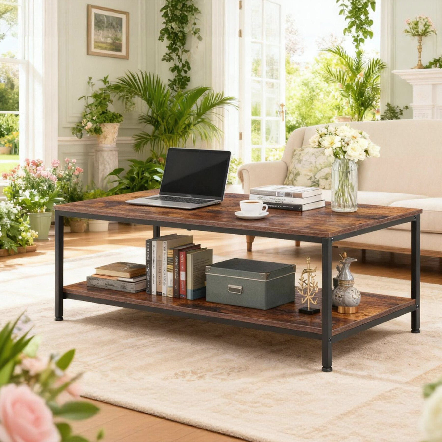 ZENY Modern Rectangle 2-Tier Coffee Table for Living Room Wood Frame, Brown
