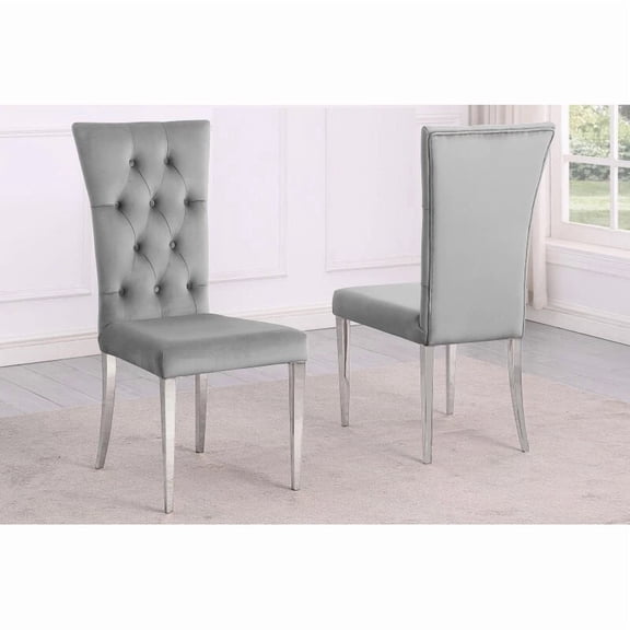 Modern Velvet Tufted Dining Chair Set of 2, Chrome Metal Legs Glam Kitchen Side Chairs, Gray