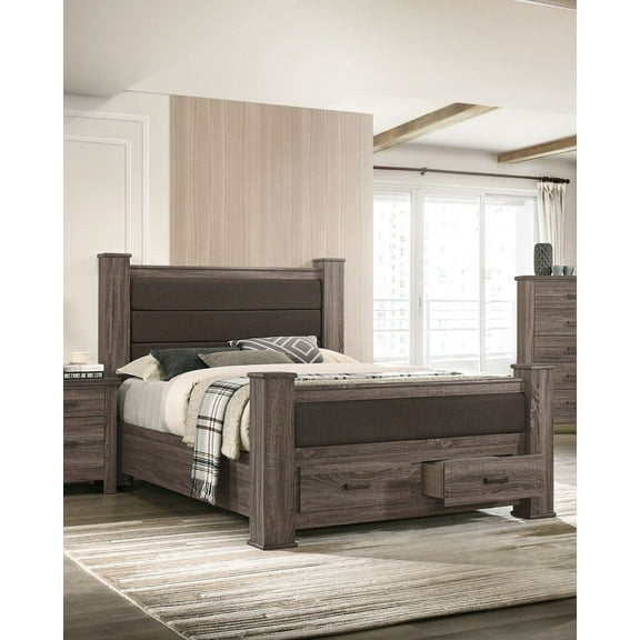 Natural Grey Finish 1pc Eastern King Size Bed Wooden Bedroom Furniture Drawers Footboard Upholstered Bedframe HB