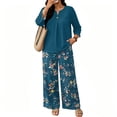 thumbnail image 5 of Vintage Ditsy Floral Print Two Piece Set for Women, 3/4 Sleeve Button Down Top & Wide Leg Pants - Retro Boho Casual Lounge Outfit with Flowy Trousers Navy L, 5 of 7