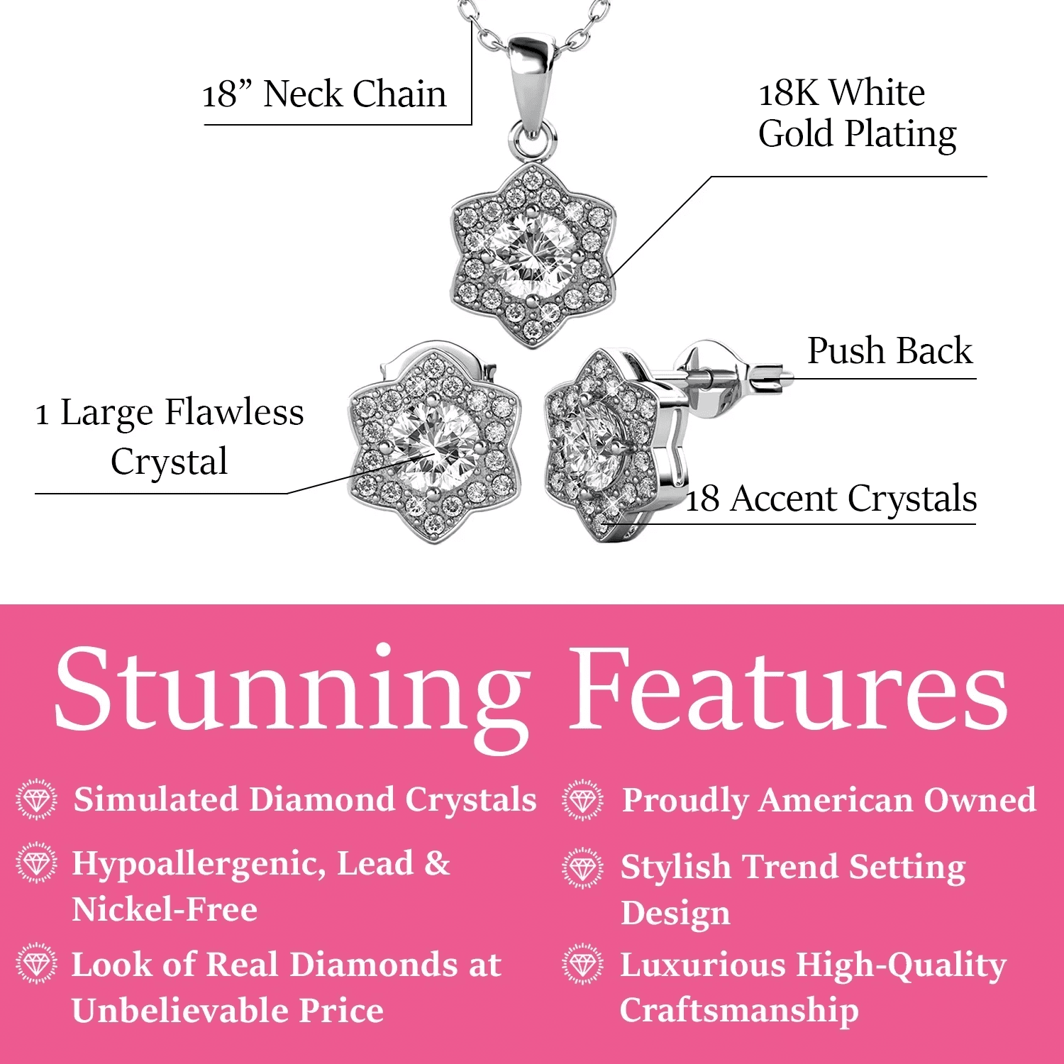 Cate & Chloe Poppy 18k White Gold Plated Jewelry Set with Simulated Diamond Crystals for Women