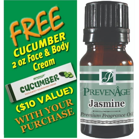 Best Jasmine  Fragrance Oil 10 mL - Top Scented Perfume Oil - Premium Grade - by Prevenage - Includes FREE Cucumber Face & Body Nourishing