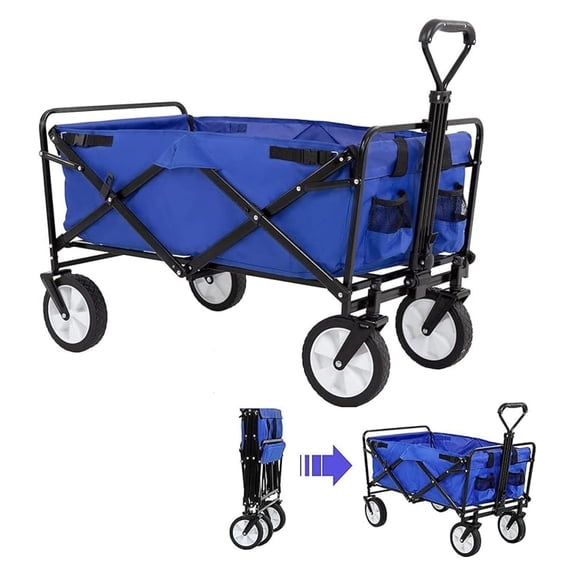 Collapsible Wagon Cart, Heavy Duty Outdoor Utility Wagon, Folding Garden Cart with 4 All- Wheels, Beach Grocery for Shopping Camping, Blue, 35 x 19.7 x 30.3 inches