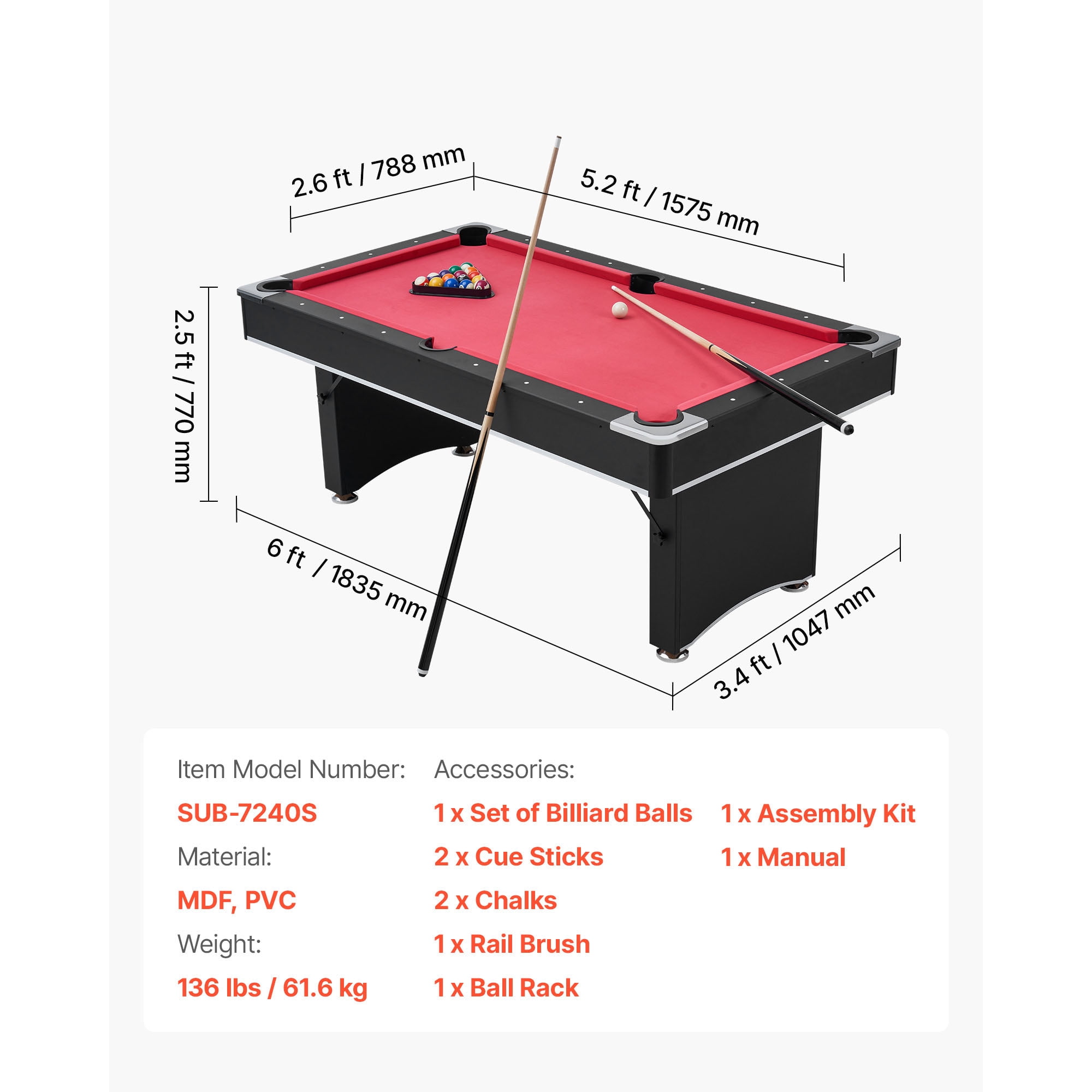 KFFKFF 6 ft Portable Pool Table, Adjustable Feet for Stability, Game Set with Balls, Cues, Rack, Chalk, and Brush, Black Frame with Red Felt, Ideal for Home and Recreation Rooms