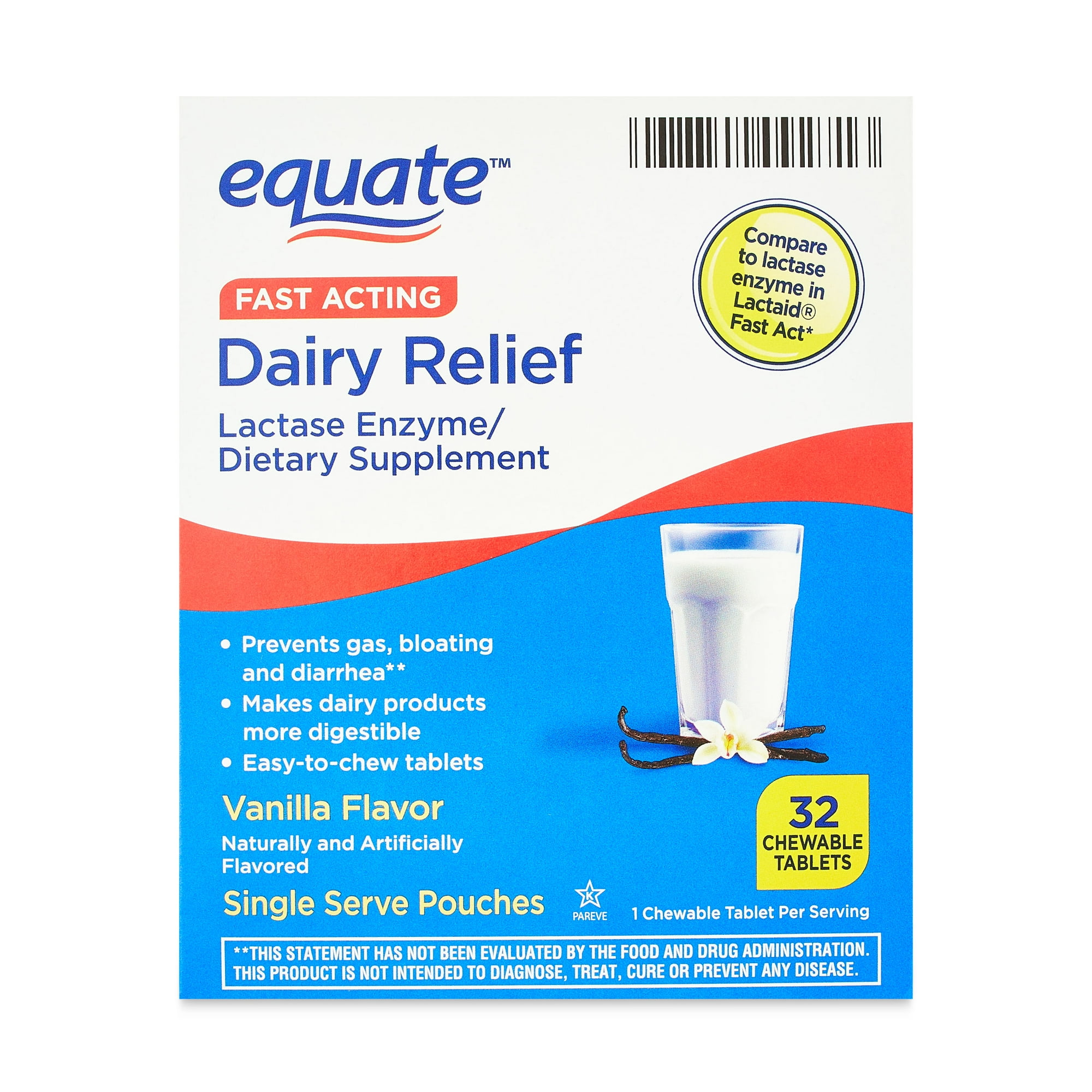 Equate Dairy Relief Lactase Enzyme Chewable Tablets, Fast Acting, Vanilla Flavor, 32 Count