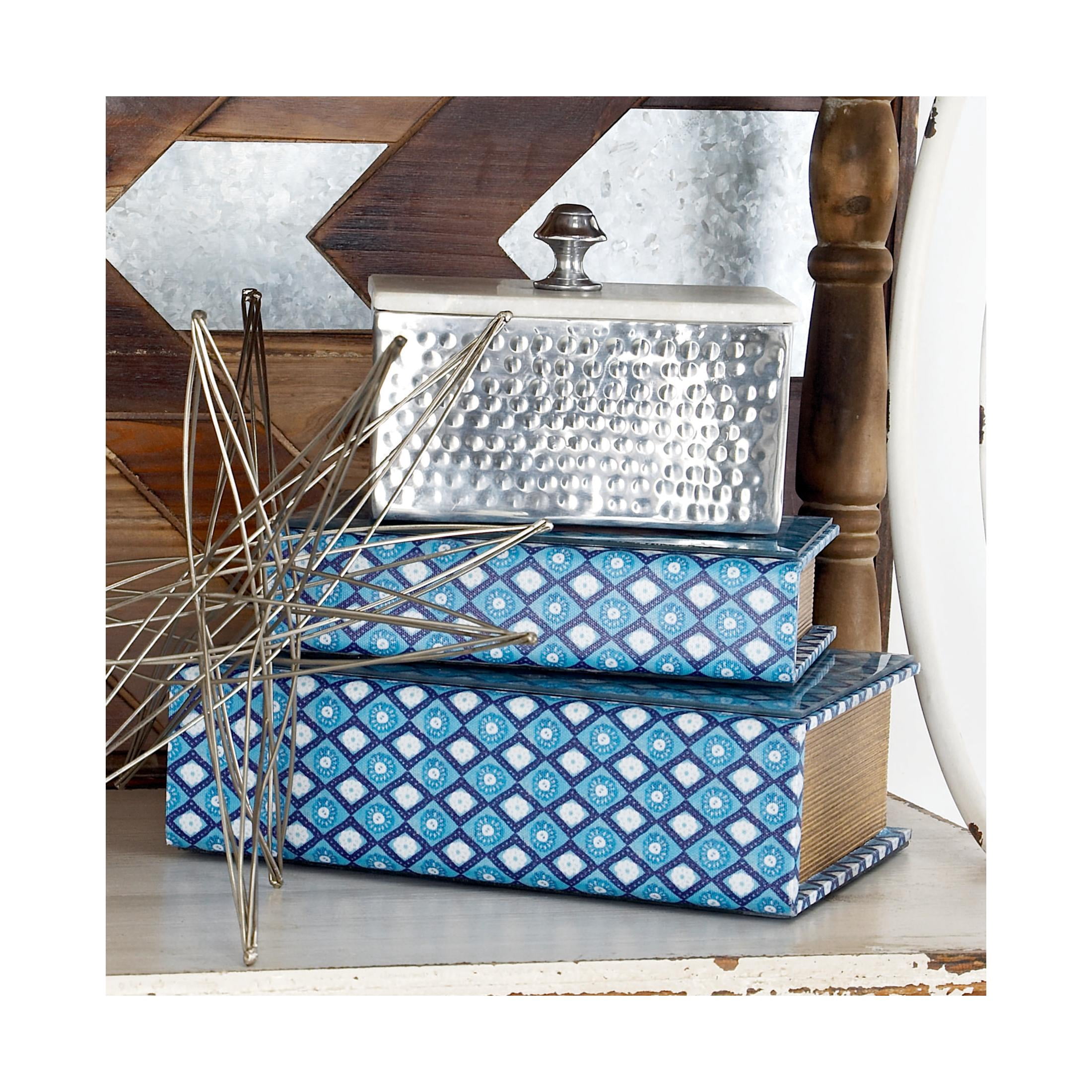 DecMode Hammered Silver Aluminum Metal Decorative Jewelry Box with White Marble Lid