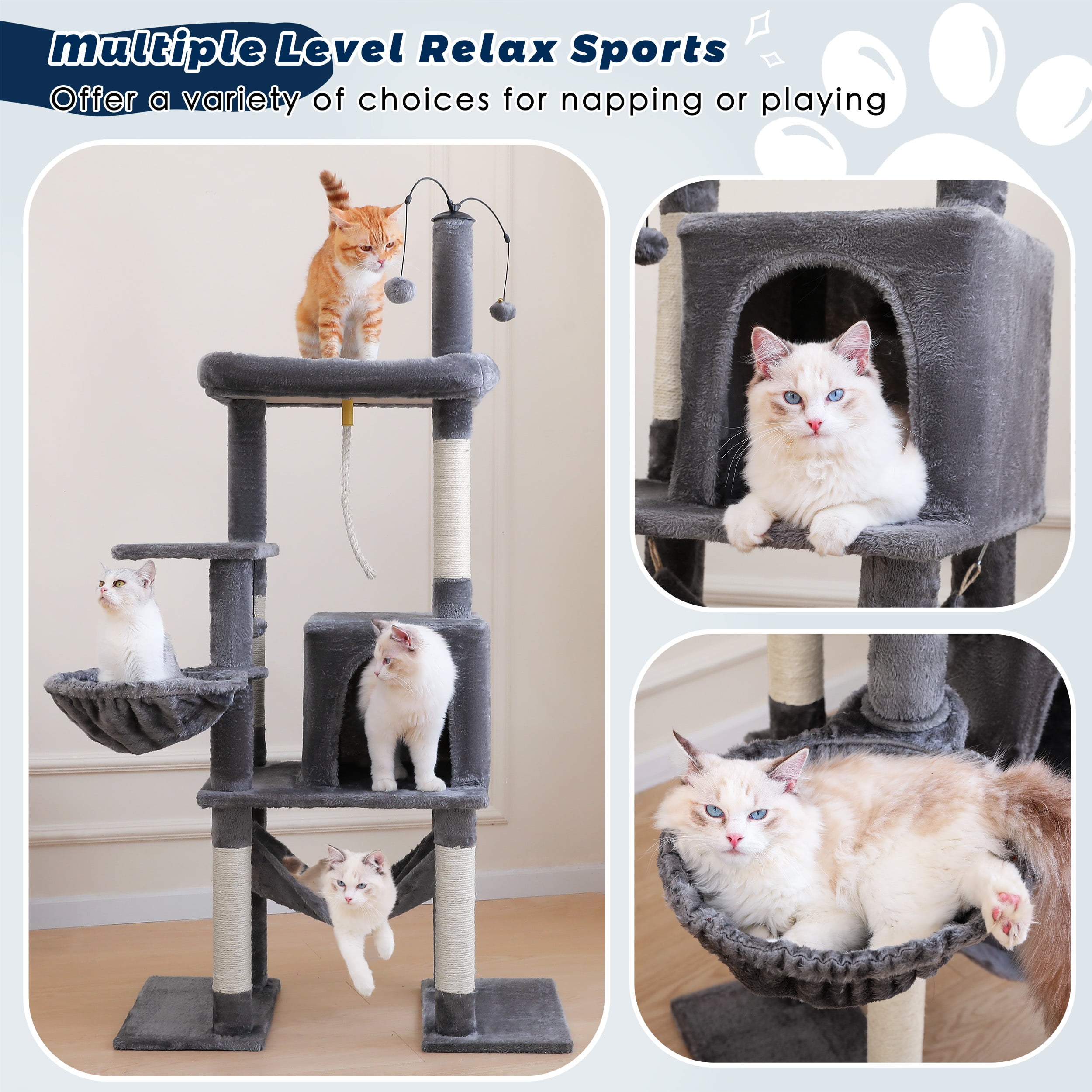 Vibrant Life 58.5inch Multi Level Cat Tree Tower with Interactive Dangling Ball and Double Base,Gray