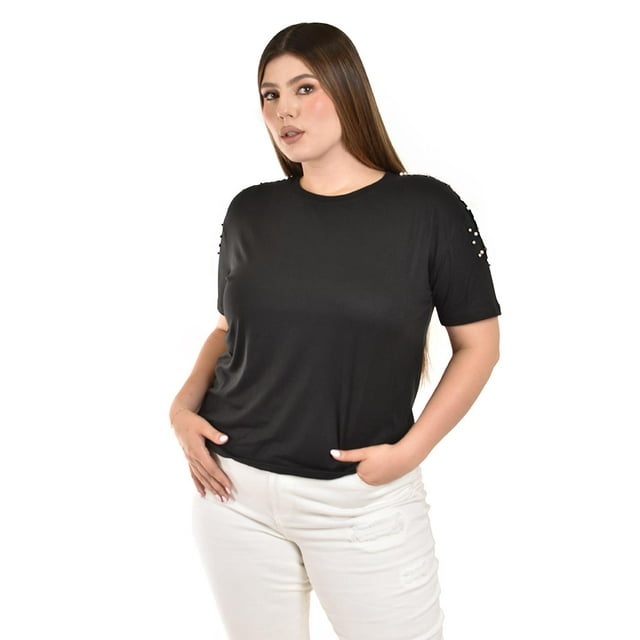 Blusa con pedreria y perlas Roman Fashion /Tallas Extras, 03022-C (Negro) negro 38