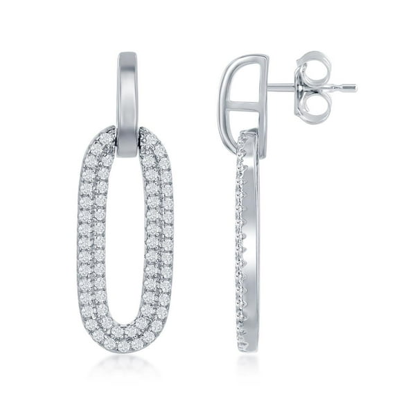 Door Knocker Paper Clip Link Design Simulated Diamond CZ Dangling Earrings Silver/14k Gold Plated Sterling Silver Jewelry for Women or Teens-Silver