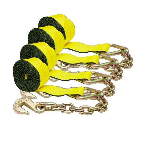 (4 Pack) 4" x 30' Winch Straps w/chain, WLL 5400  Flatbed Tie Down Strap