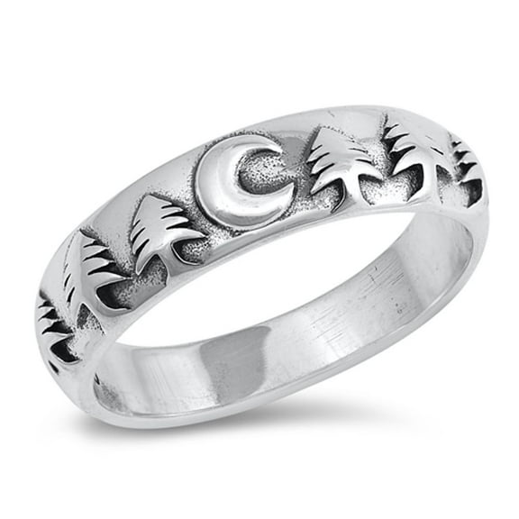 Moon Nature Pine Tree Camping Forest Ring .925 Sterling Silver Band Jewelry Female Male Size 5