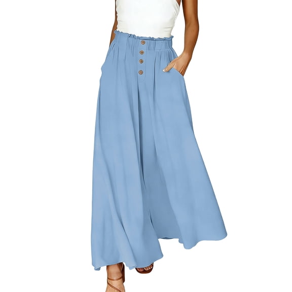 Hurxie Pants for Women Casual Elastic Waist Wide Leg Pants with Pockets Light Blue,M