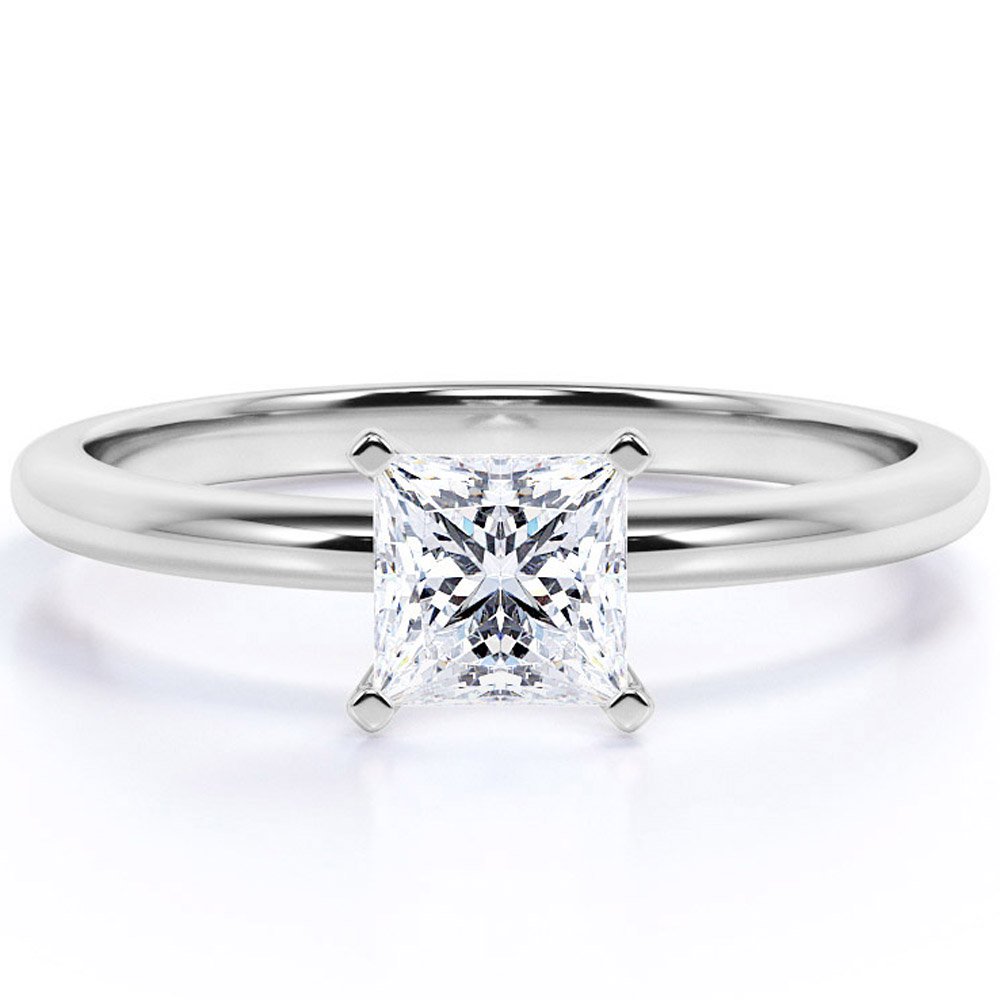 JeenMata Princess Cut Moissanite Solitaire Engagement Ring in 18k White Gold over Silver