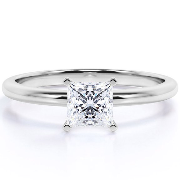 JeenMata Princess Cut Moissanite Solitaire Engagement Ring in 18k White Gold over Silver