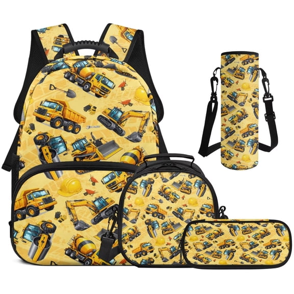 Garronmavis Construction Trucks Kids Boys Backpack 4-Piece Set - Includes School Backpack, Lunch Bag, Pencil Case, Water Holder Case, Lightweight School Bag for Outdoor Picnic