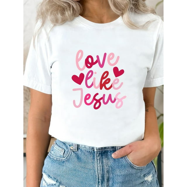 Retro Love Like Jesus Coquette, Coquette Heart Bow Fashionable Women'S Casual T-Shirt - Round Neck Short Sleeve Printed T-Shirt - Comfortable, Breathable, Versatile - Suitable for Outdoor Sports, Tra