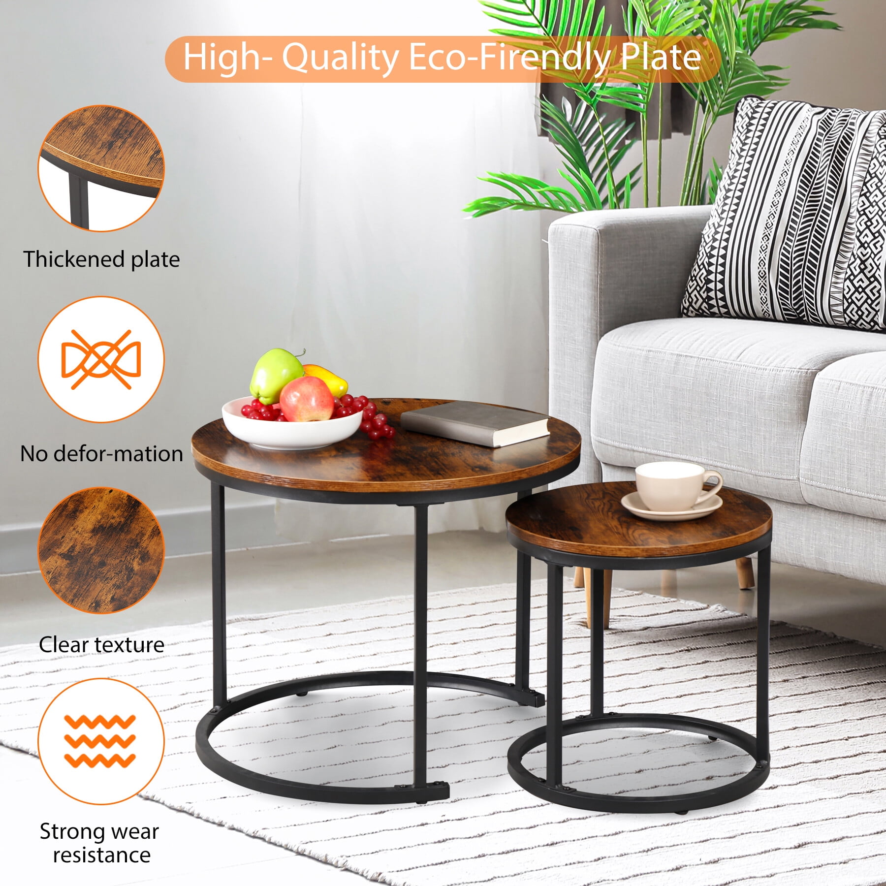 ZenStyle Set of 2 Round Coffee Tables, Metal Frame, Space-Saving