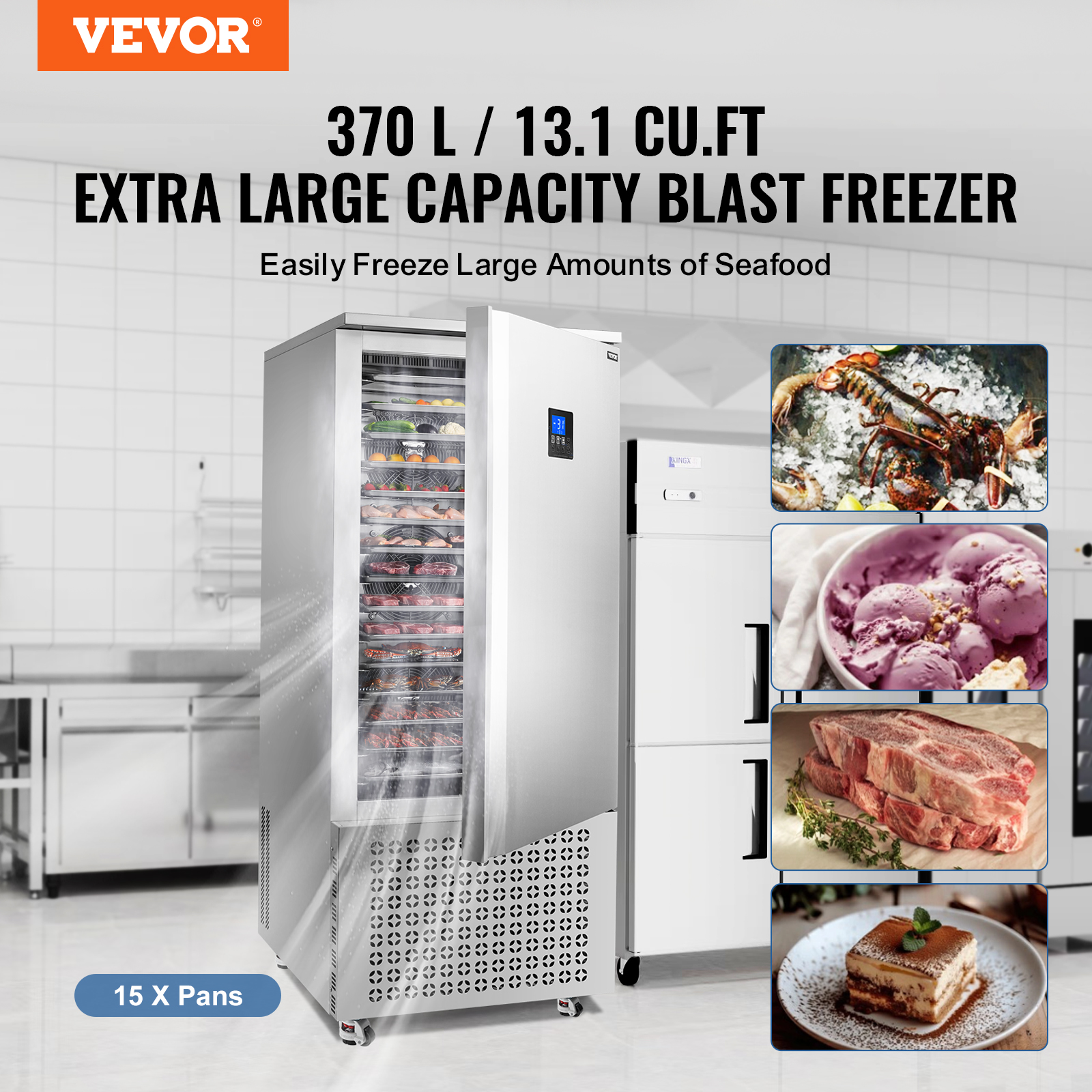 VEVOR Commercial Blast Freezer, 370 L / 13.1 Cu.ft Blast Chiller with 15 Trays, Blast Chiller Freezer Chest with 4 Freezing Modes, Stainless Steel Food Blast Freezer with Casters for Restaurant