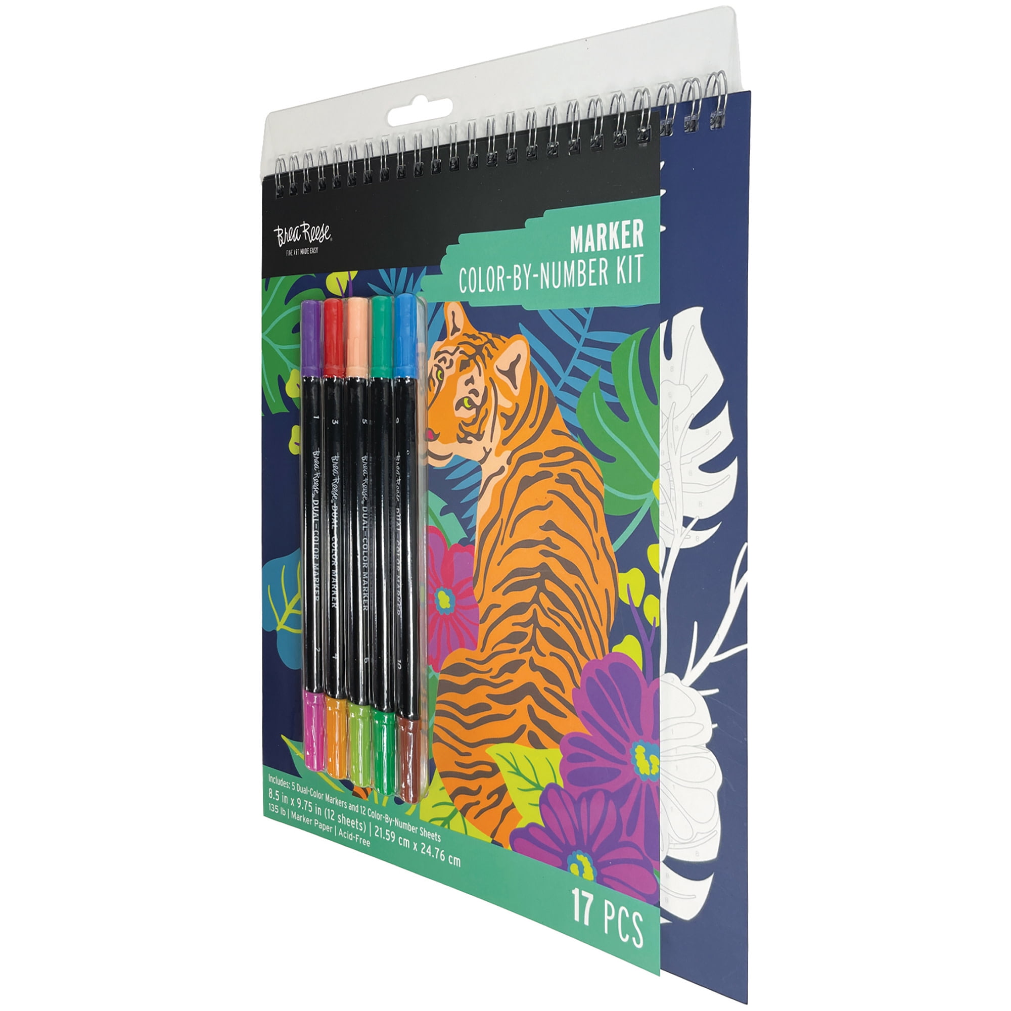 Brea Reese: Marker Color-by-Number Kit - Jungle Animals - 5 Dual-Tip Markers, 12 Nature Designs, Guided Art, 8.5 x 9.75" Pages, Adult Spiral Art Pad