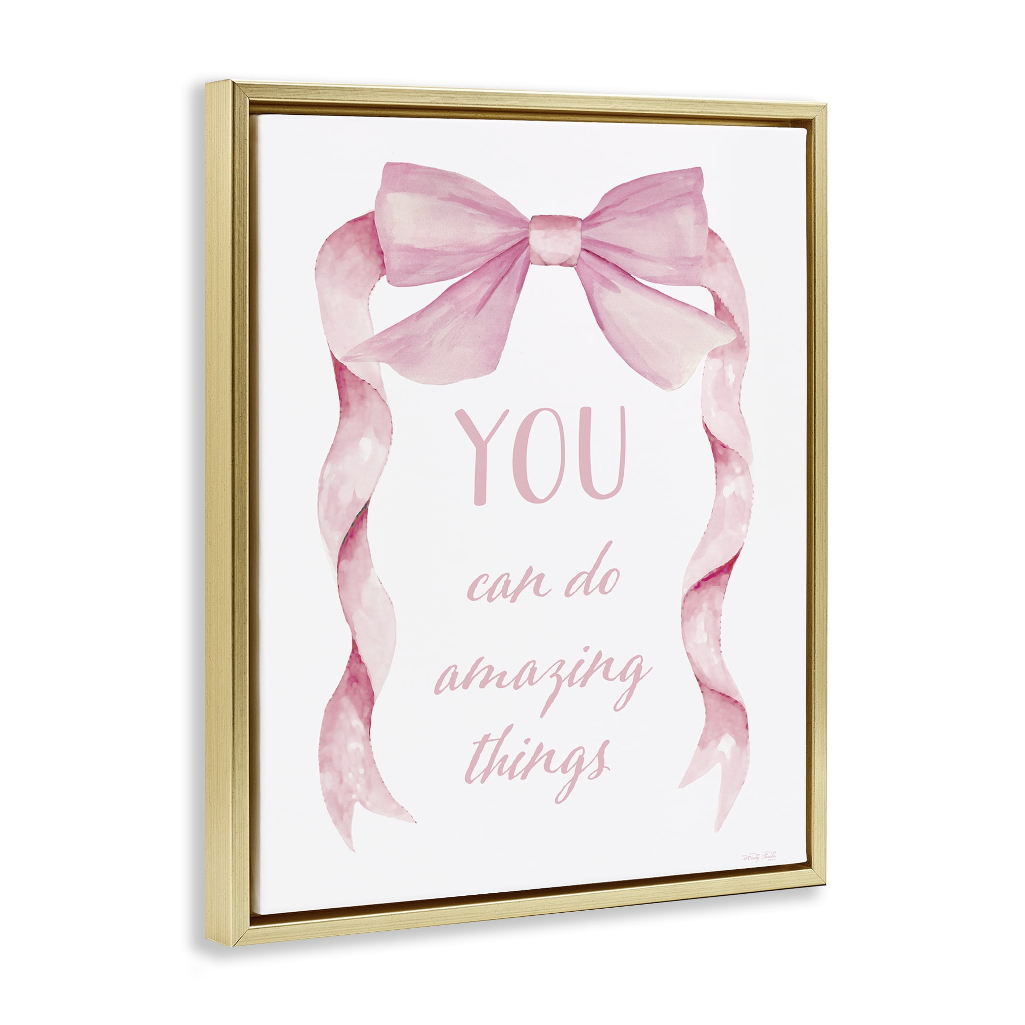 Stupell Industries Feminine Encouragement Ribbon Gold Framed Floater Canvas Wall Art, design by Cindy Jacobs