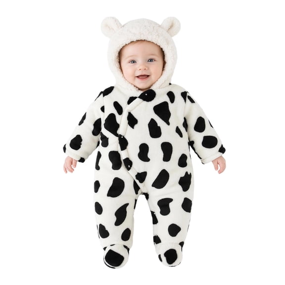 Baby Boys Girls Winter Warm Fleece Footie Bunting Snowsuit,Cow‑Print Cartoon Hooded Onesie,0‑12 Months