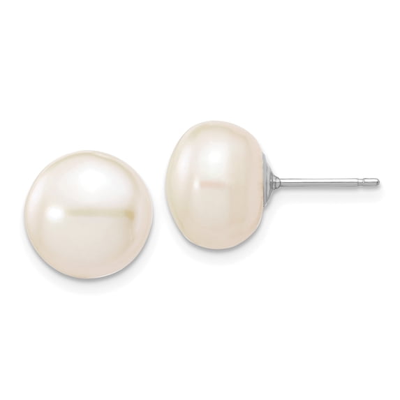 14k White Gold 10-11mmWhite Button Freshwater Cultured Pearl Stud Post Earrings