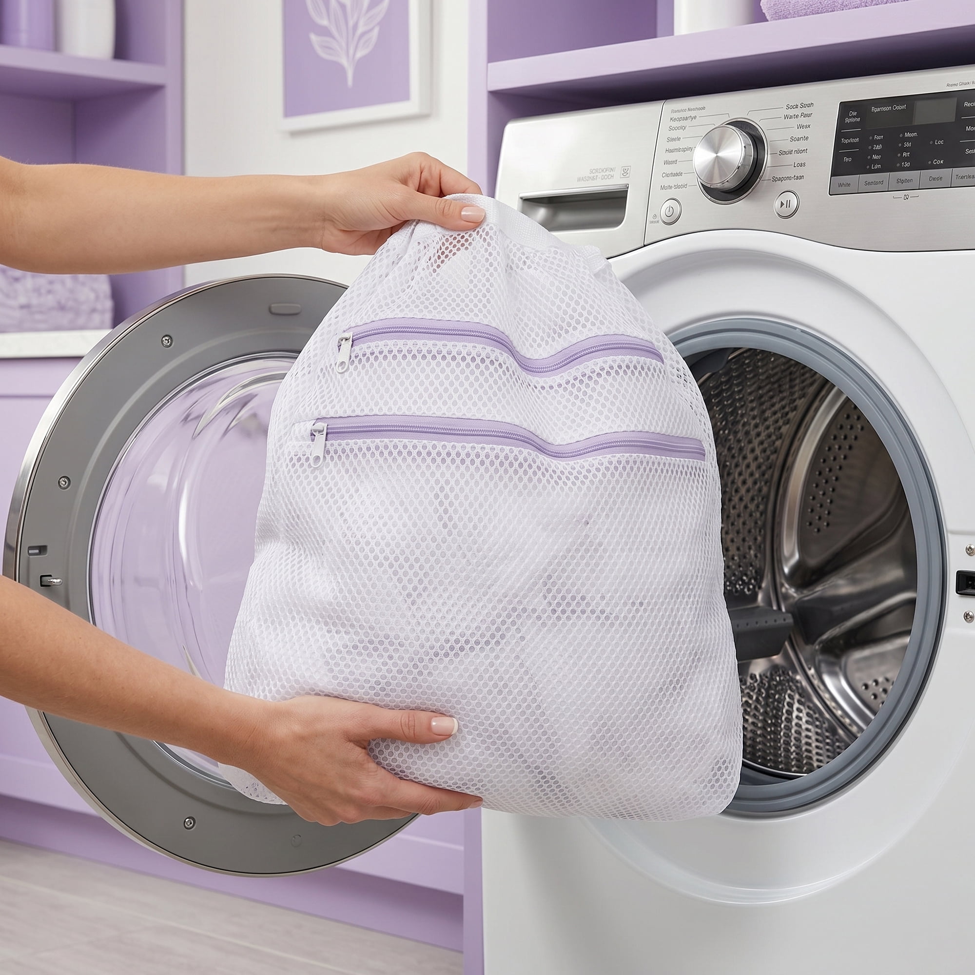 Unique Bargains 2 Pcs Mesh Laundry Bags, Durable Zipper Closure White-Purple 19.7"x19.7"