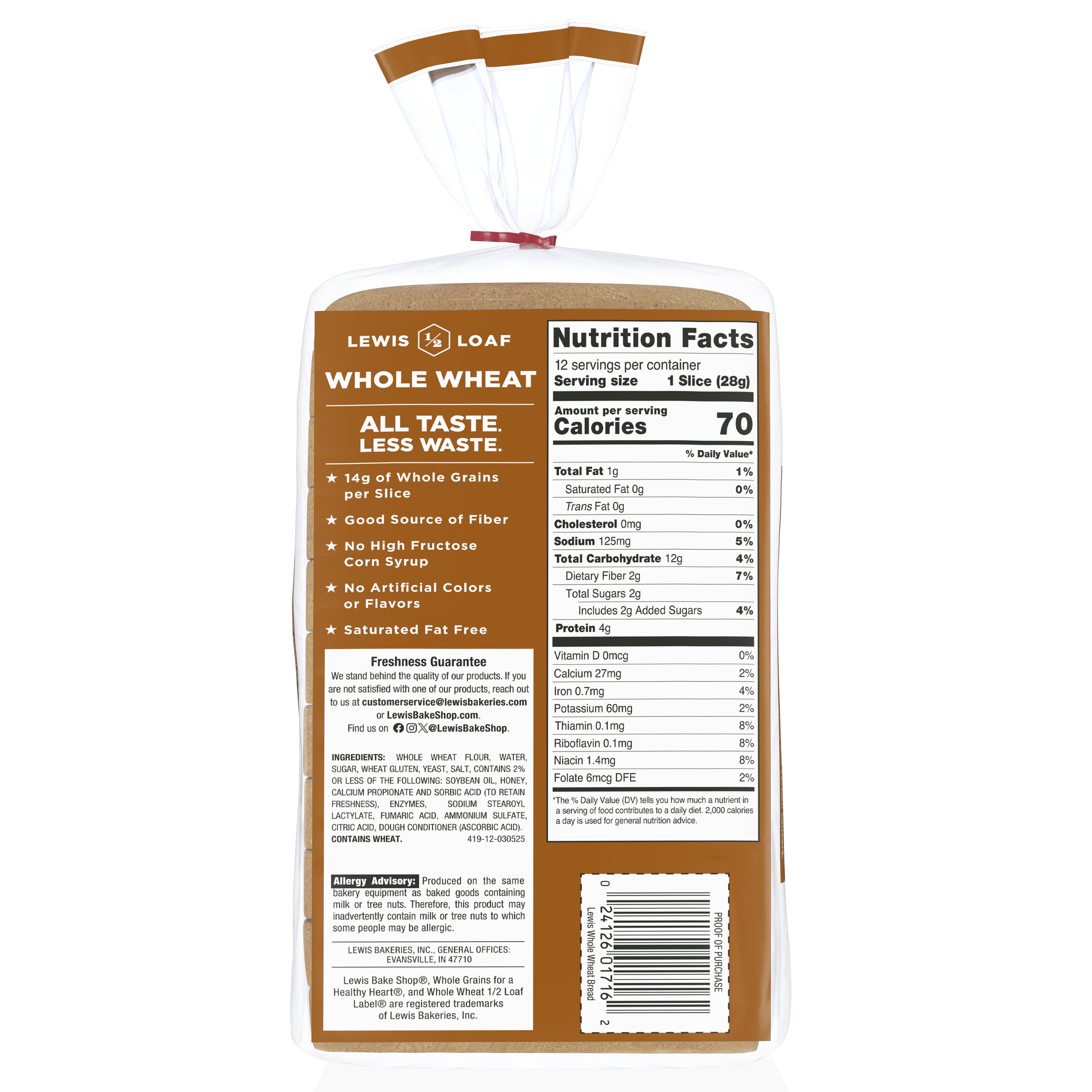 Lewis Bake Shop Whole Wheat Half Loaf Bread, 1/2 Loaf, 12 oz