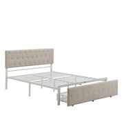 Queen Platform Bed Frame with Storage, Beige Linen Upholstered Metal Platform Bed with Headboard and Drawer, Modern Bedroom Furniture Queen Size Bed Frame, Holds 500 lbs, No Box Spring Needed, J3722