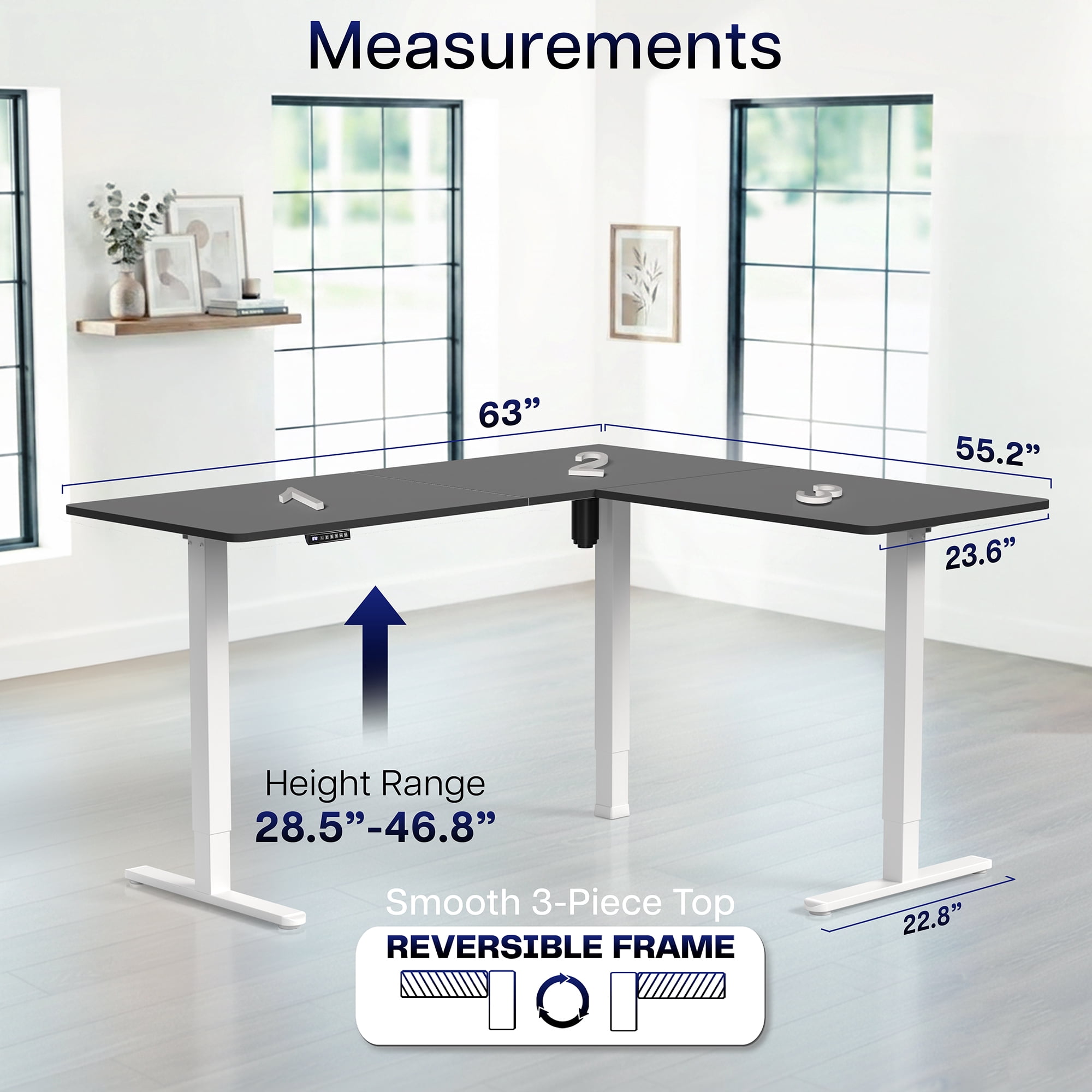 VIVO Electric 63" x 55" Corner Stand Up Desk, Black Table Top, White Frame