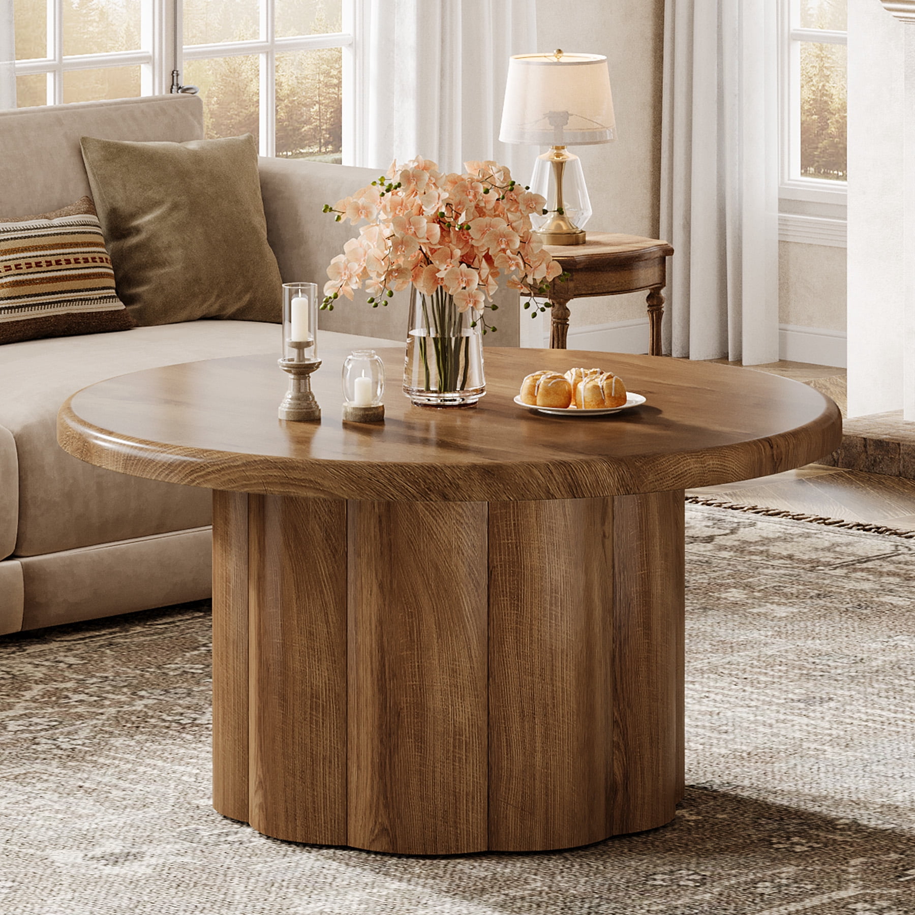 Tribesigns Round Coffee Table, 31.5" Cocktail Table with Fluted Drum Base, Circle Table for Living Room