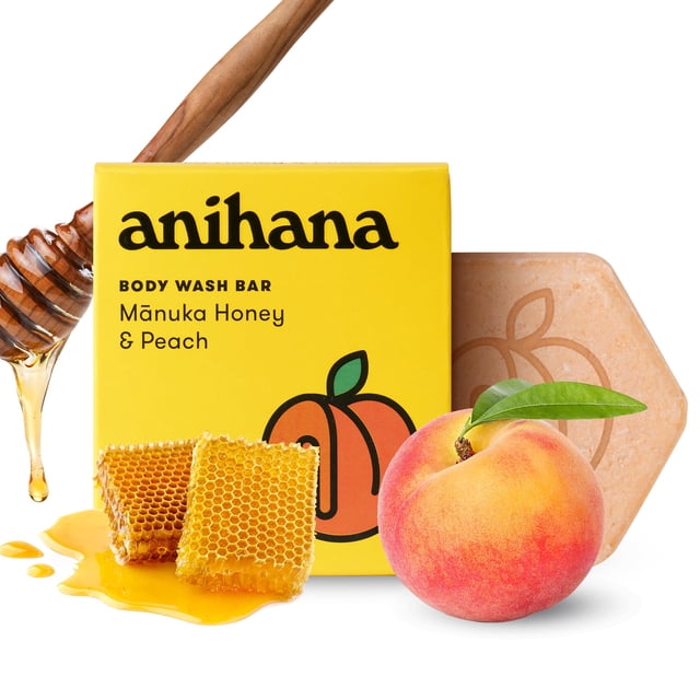 ANIHANA Barra de lavado corporal con aceite de coco, sin jabón, hidratante, suave, cuidado de la piel, refrescante aroma a miel de Manuka y melocotón, 2,8 oz