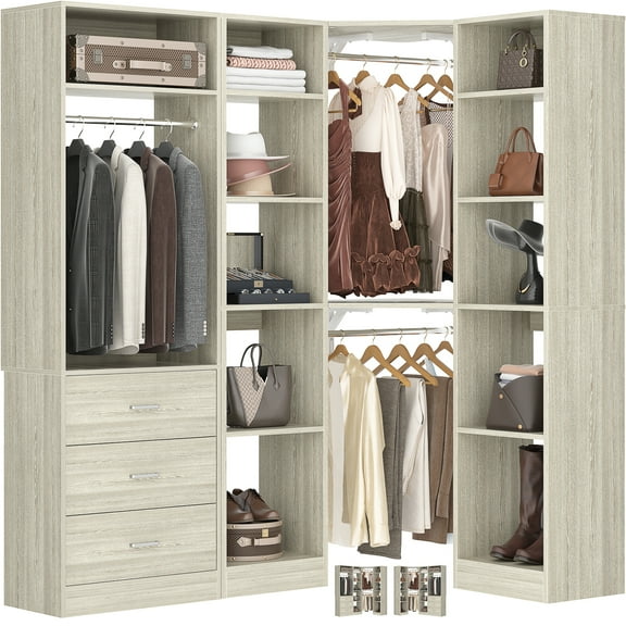 Homieasy 63.2" L X 39.2" W X 80" H Corner Closet System,Freestanding Closet Organizer System With 2 Drawers & 12 Shelves,Sturdy Walk in Closet Kit,for Bedroom, Entryway, Mudroom, Modern,White Oak
