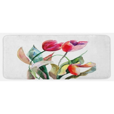 Art Kitchen Mat, Watercolor Tulip Flowers Bouquet Feminine Beauty Spring Revival, Plush Decorative Kitchen Mat with Non Slip Backing, 47" X 19", Forest Green Magenta, by Ambesonne