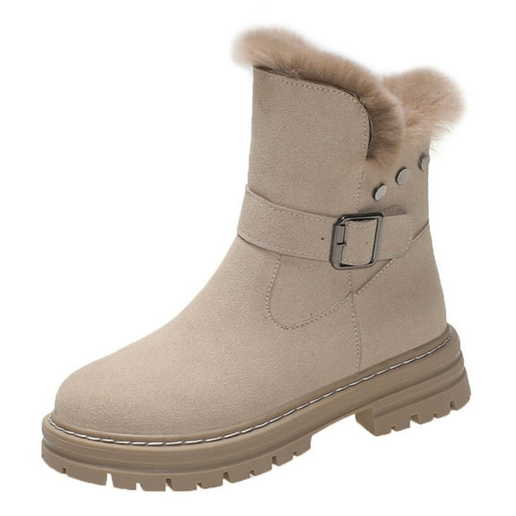 hopeusnice Women's Winter Boots Suede Buckle Ankle Booties Fuzzy Fleece Lined Warm Platform Shoes Snow Boots Khaki 35