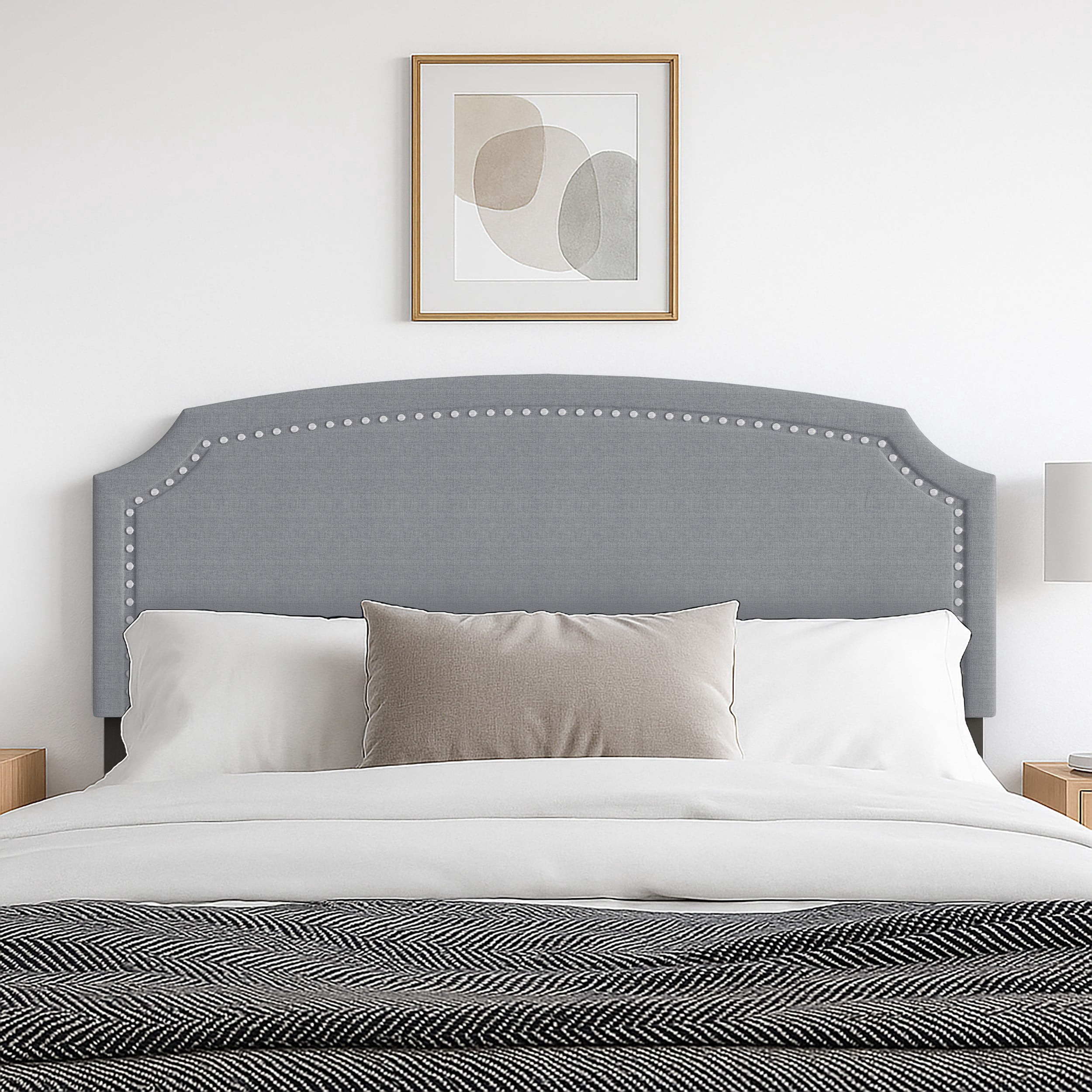 Home Design Cora Upholstered King Headboard with Nailhead Trim and Adjustable Height, Gray, Easy assembly