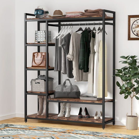 Tribesigns Heavy-Duty Free Standing Closet Rack - Rustic Wood & Metal Garment Rack with Shelves, 350lb Capacity Wardrobe Organizer for Bedroom