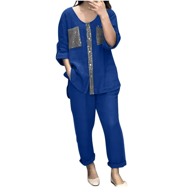 Hvobtty Blouses Décontractées à Col Rond et Manches Courtes pour Femmes, Ensemble Haut et Pantalon à Manches Cinq-Quarts avec Boutons et Poches