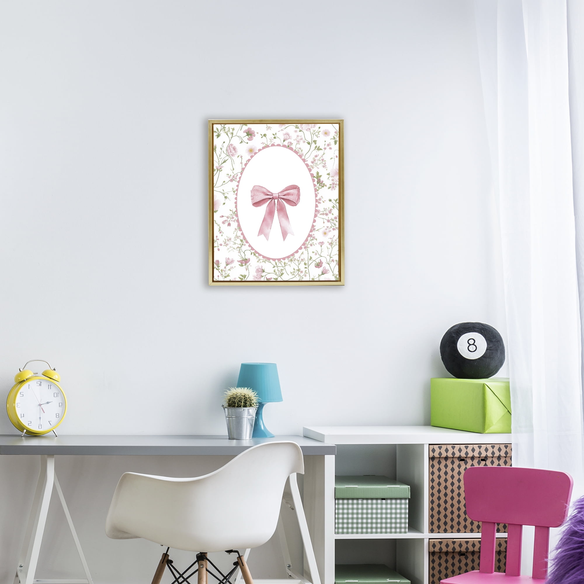 Delicate Florals & Bow Gold Framed Floater Canvas Wall Art, design by Christine Simpson Art