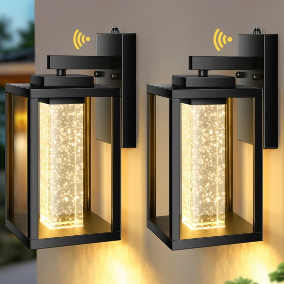VIANIS Black Exterior Lighting Fixtures Wall Mount for House, 2 Pack Dusk to Dawn Outdoor Wall Sconce Lantern with 10W LED Crystal Bubble Glass, Modern Anti-Rust Outside Coach Lights for Porch Garage