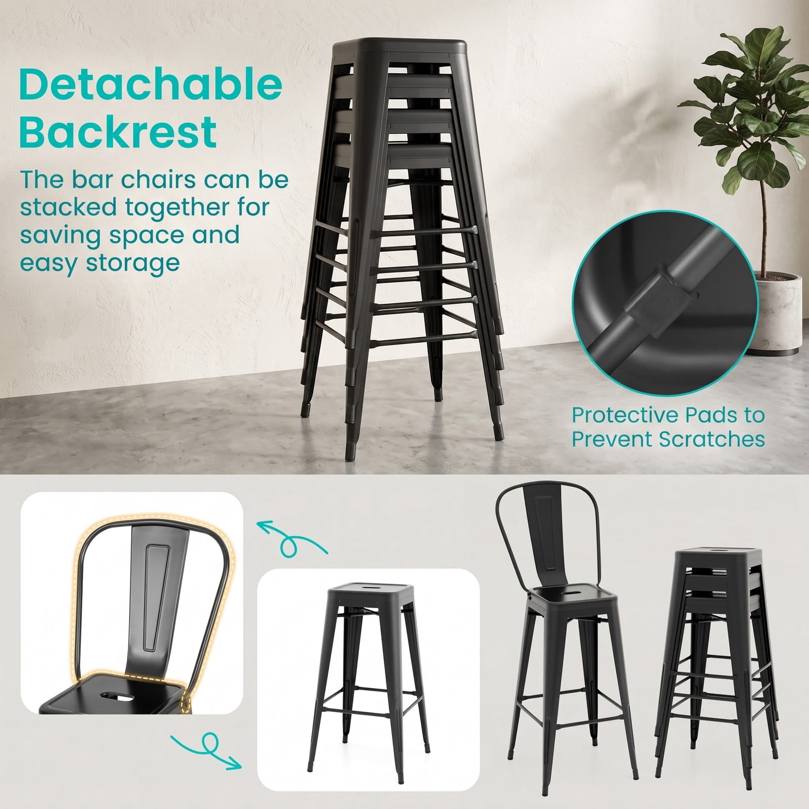 Furnibear Set of 4 Bar Height Stools, Stackable Metal Bar Stools with Removable Backrest, 30 Inch Counter Kitchen Pub Dining Chairs, 330 lbs Capacity, Black