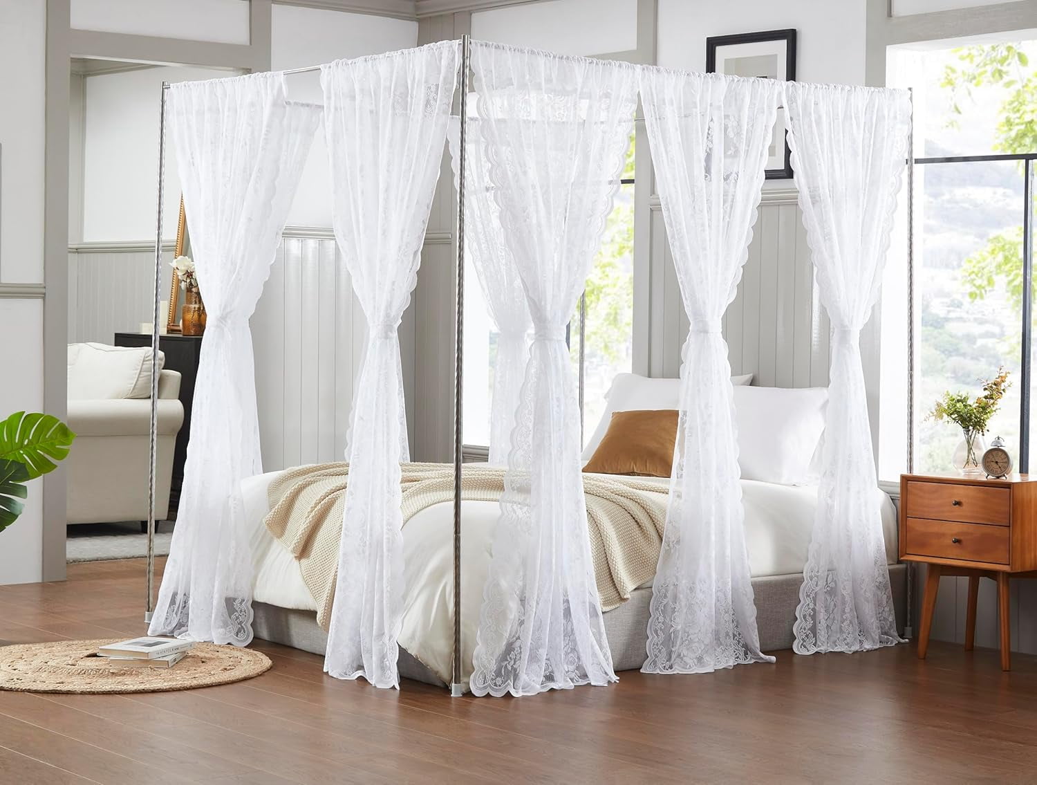 Warm Home Designs Lace Canopy Bed Curtains Set Consists of 8 48" x 78" White Canopy Curtains with Tie-Backs. LC White