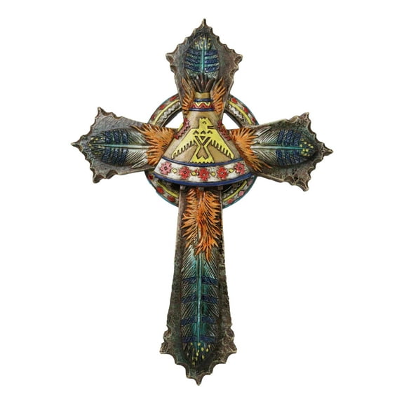 Southwestern Indian Feathers Teepee Sacred Eagle Faux Wooden Rustic Wall Cross