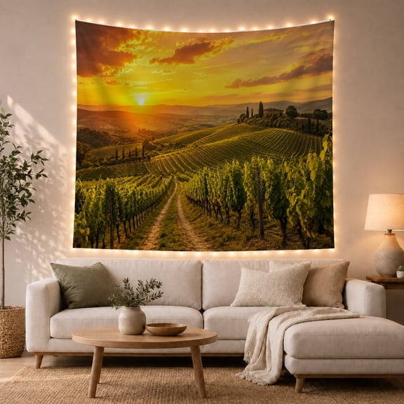 Vineyard at Sunset Over Hills Peaceful and Romantic Painterly for Wine Enthusiasts Vineyard Wall Art Housewarming Gift Tapestry Wall Hanging for Bedroom and Living Room