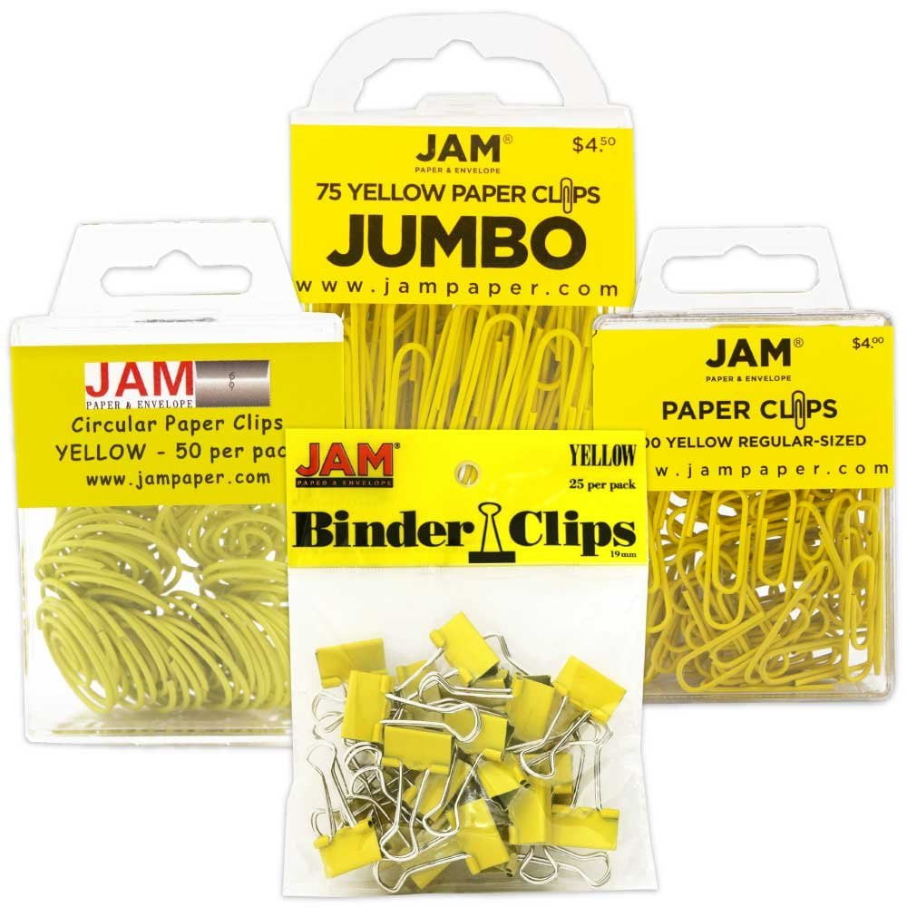 JAM Office Clip Assortment, Yellow, 4/Pack, 1 Binder Clips, 1 Round