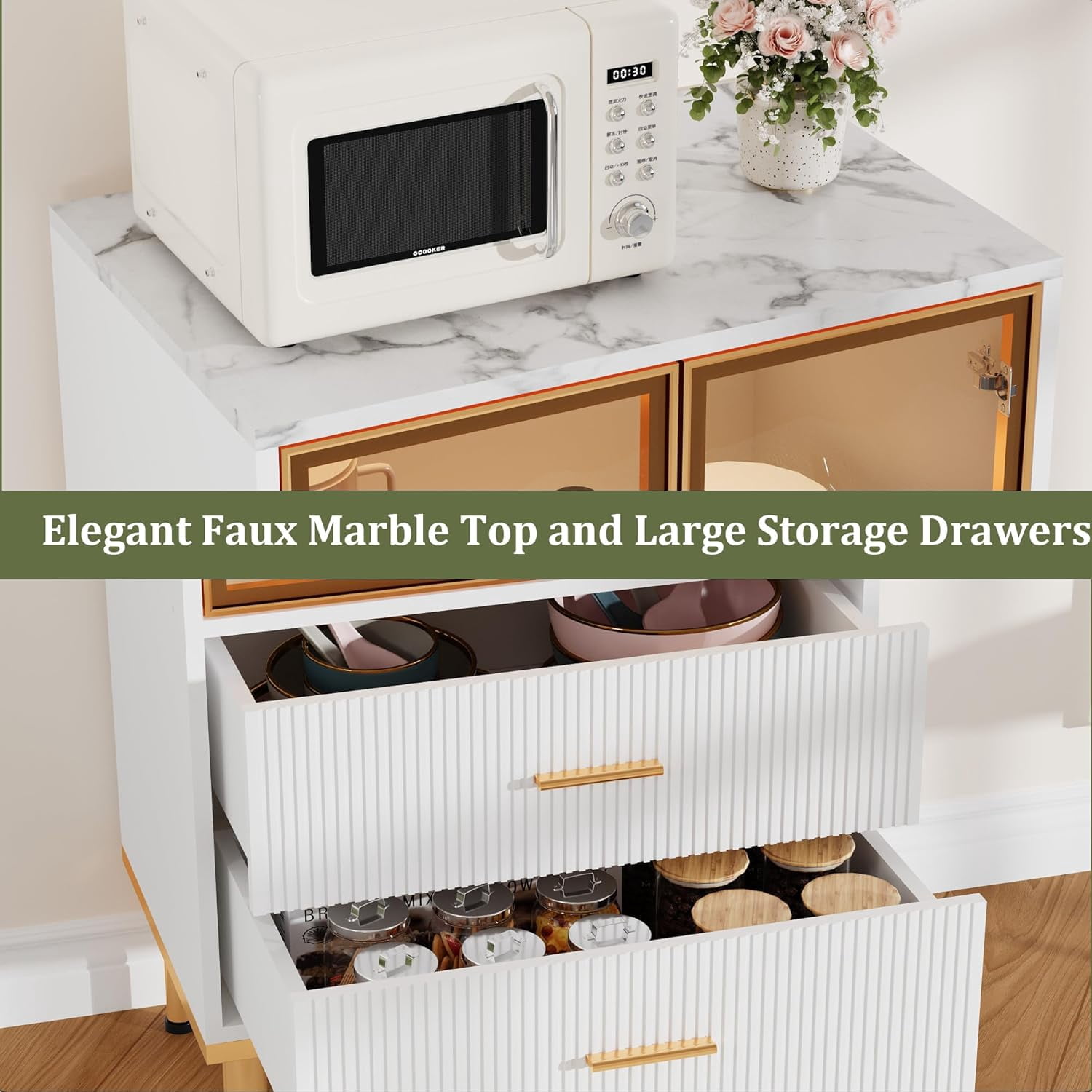 Fluted Storage Cabinet with Glass Door and 2 Drawers, Modern Display Storage Cabinet, Kitchen Pantry with Adjustable Shelves for Collectibles, Living Room, Office