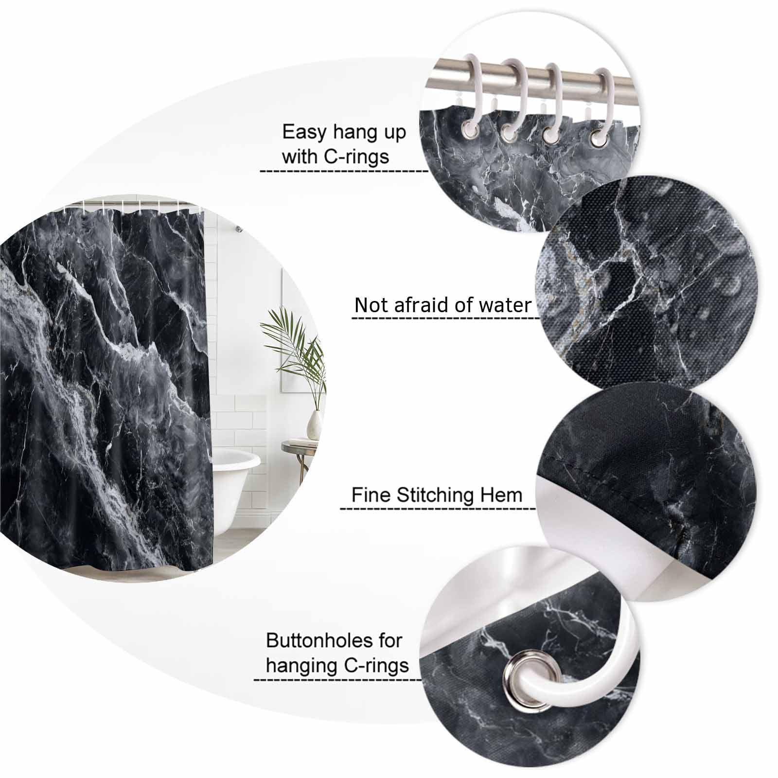Shower Curtain Bathroom Set Abstract Marble Stone Texture Waterproof Fabric Shower Curtains with Grommets&Hooks, Black Privacy Bath Curtain for Bathtub 72x72in